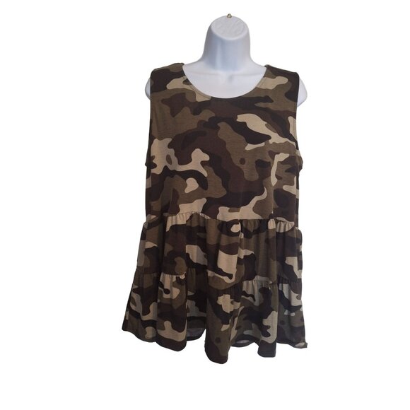 LuLaRoe Womens Babydoll Top L Camouflage Eliana Sleeveless Tiered Peplum Boho - Picture 1 of 10